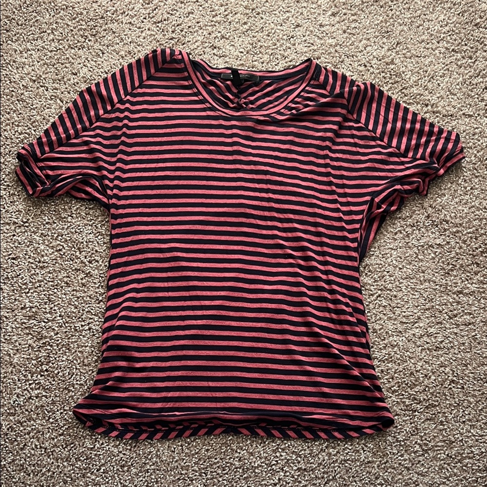 BCBGMaxAzria Short Sleeve Top in Pink and Black Stripes